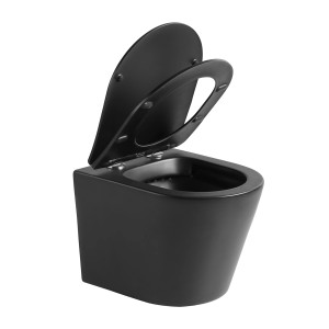 Verosan Wand-WC Nakia, spülrandlos, schwarz matt mit WC-Sitz, Deckel geöffnet.