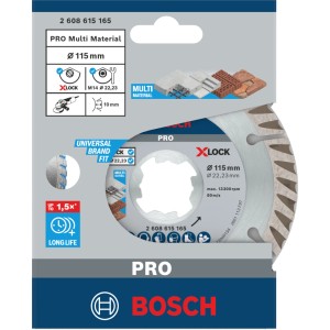Bosch X-Lock Diamanttrennscheibe 115 mm für Winkelschleifer. Silberne Scheibe mit Segmenten für Baumaterial.