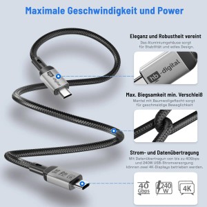 hb-digital USB-C Ladekabel, USB 4 Datenkabel, 40Gbps, 240W, Baumwollgeflecht, Aluminiumgehäuse.