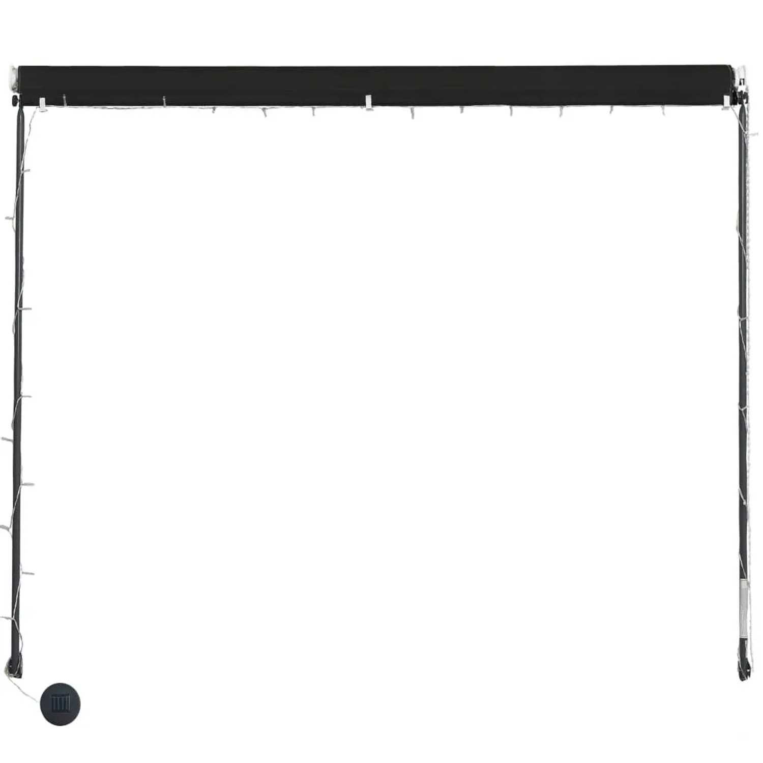 Anthrazitfarbene einziehbare Markise mit LED-Beleuchtung und Solarpanel, 250x150 cm.