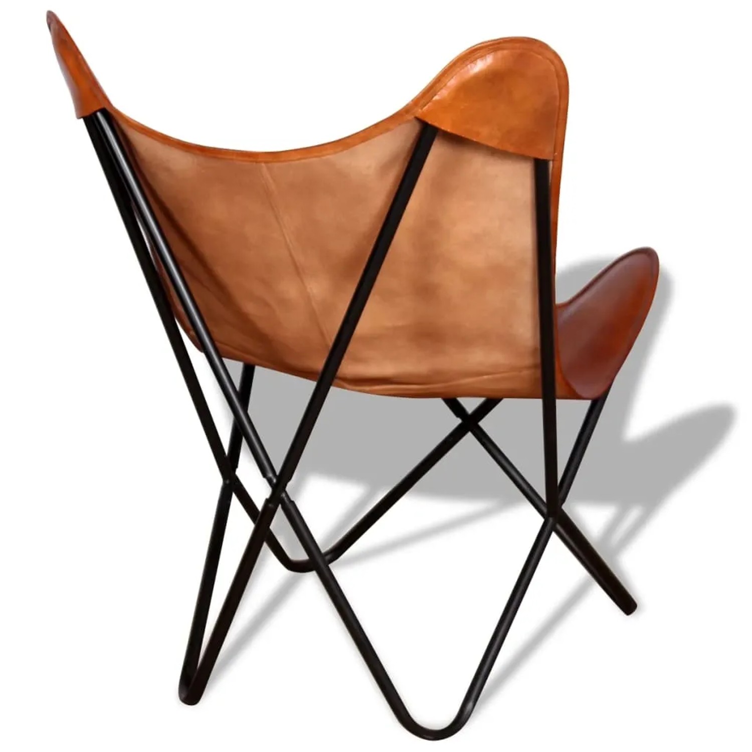 Brauner Butterfly-Sessel aus Echtleder mit schwarzem Metallgestell. Relaxsessel für Wohnzimmer und mehr.