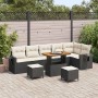 Schwarzes 9-teiliges vidaXL Garten-Sofa-Set aus Poly Rattan mit Tisch und Hockern.