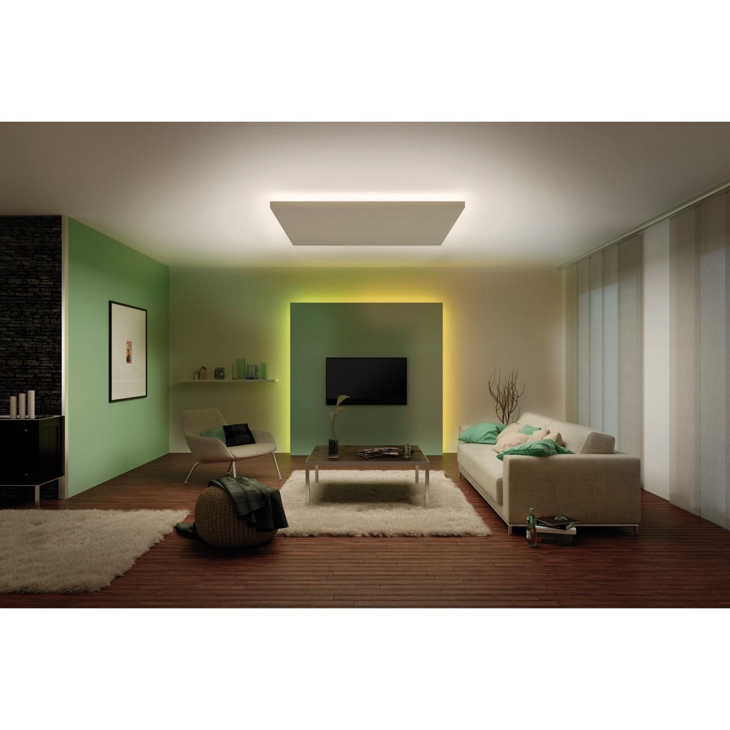 Wohnzimmer mit Paulmann MaxLED RGBW Streifen, der farbiges und warmweißes Licht spendet.