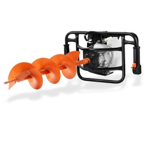 FUXTEC Benzin Erdbohrer FX-EB143ECO mit orangefarbenem Bohreraufsatz für Garten- und Bauarbeiten.