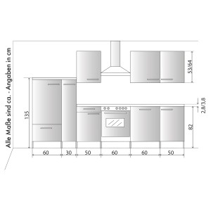Skizze der Menke Küchenzeile White Classic 310 cm in Graphit-Weiß mit Maßangaben.