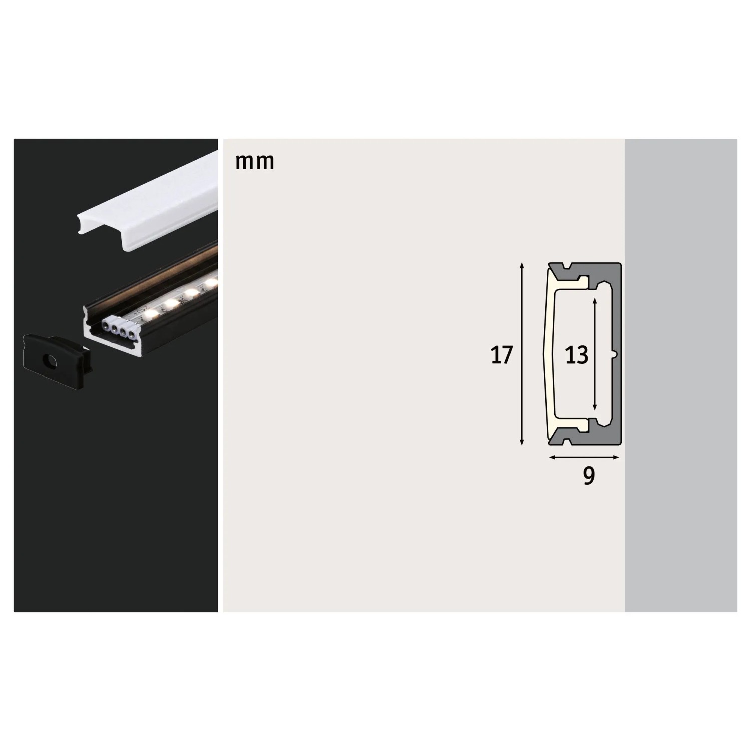 Paulmann Base Profil 2m mit Diffusor, eloxiert. Aufbauprofil für LED-Streifen, inkl. Maßangaben.