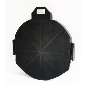 Schwarzer PKM Kohlefilter CF230 für Dunstabzugshauben im Umluftbetrieb. Rundlich mit Griff und Clips, filtert Gerüche.