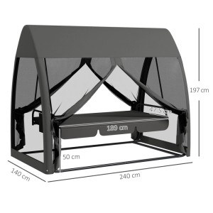 Graue Outsunny 2-in-1 Hollywoodschaukel mit Moskitonetz, 3-Sitzer, als Bett nutzbar. Maße: 240x140x197 cm.