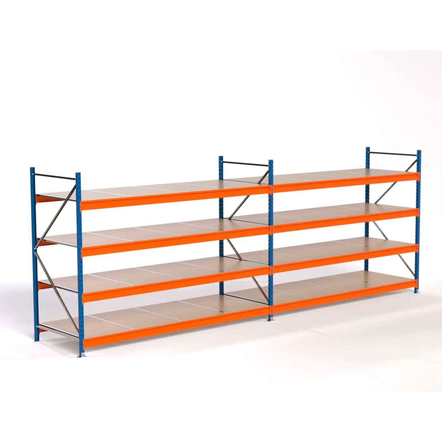 PROREGAL Industrie Weitspannregal Lagerregal MAXIMUS PRO Komplettregal 2 Felder HxBxT 200x550x100cm 4 Spanplatten-Fachboden Fachlast 450kg Blau/Orange