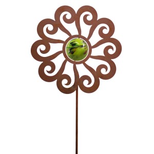 Gartenstecker Windblume mit grüner Glaskugel, Edelrost-Optik, 133cm, Gartendekoration.