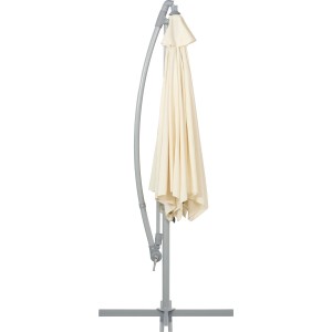 Beiger Ampelschirm Valdosta (Ø 300 cm) mit Kurbel und grauem Gestell, geschlossen.