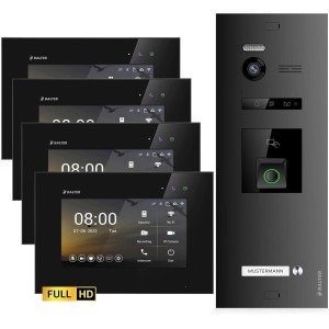 Balter EVO-HD Video-Türsprechanlage mit Fingerprint, Komplettset mit 4 Monitoren in Schwarz.