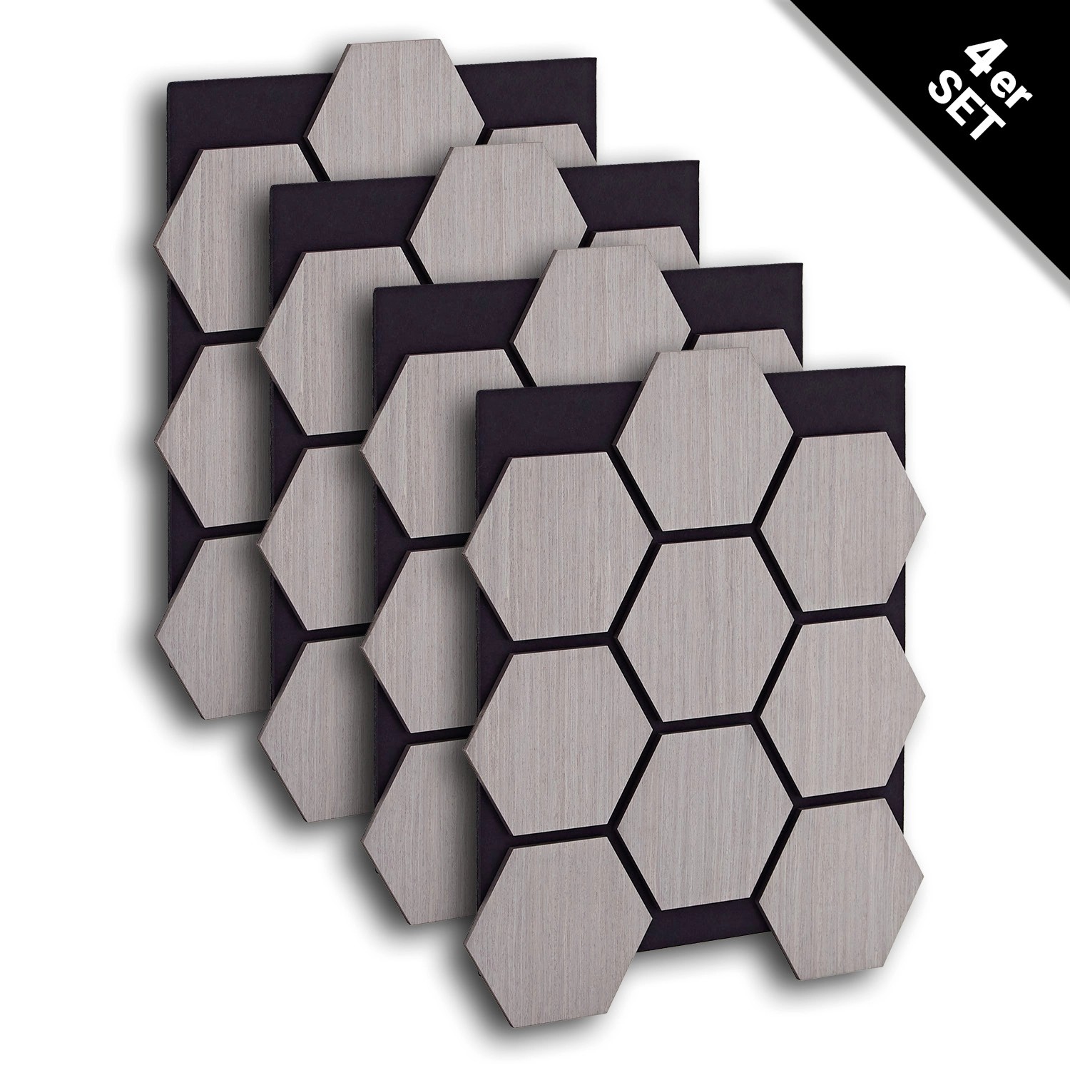 4 graue Homestyle4u Akustikpaneele in Hexagonform. Wandpaneele zur Schallabsorption.