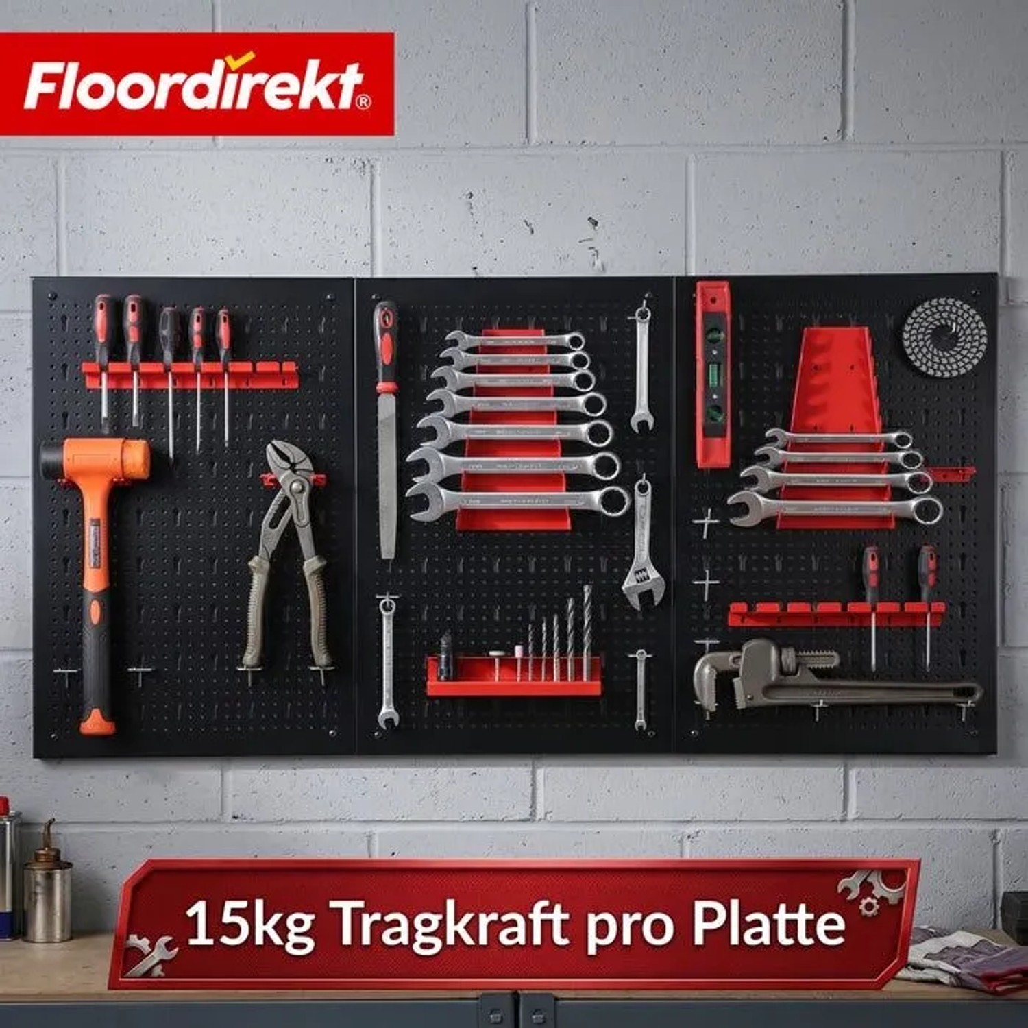 Floordirekt Werkzeugwand Parker, Lochwand Set mit Werkzeugen, schwarz-rote Werkzeughalter an 3 Platten.