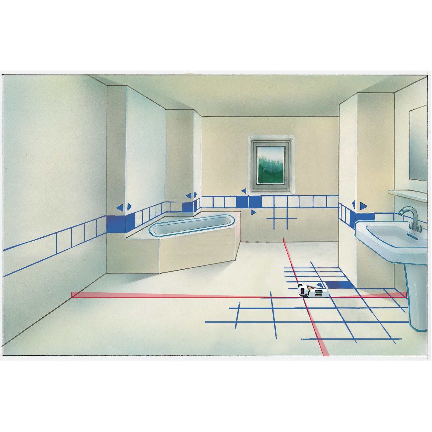 Fliesenlaser im Einsatz: Präzises Ausrichten von Fliesen im Badezimmer mit Laserlinien.