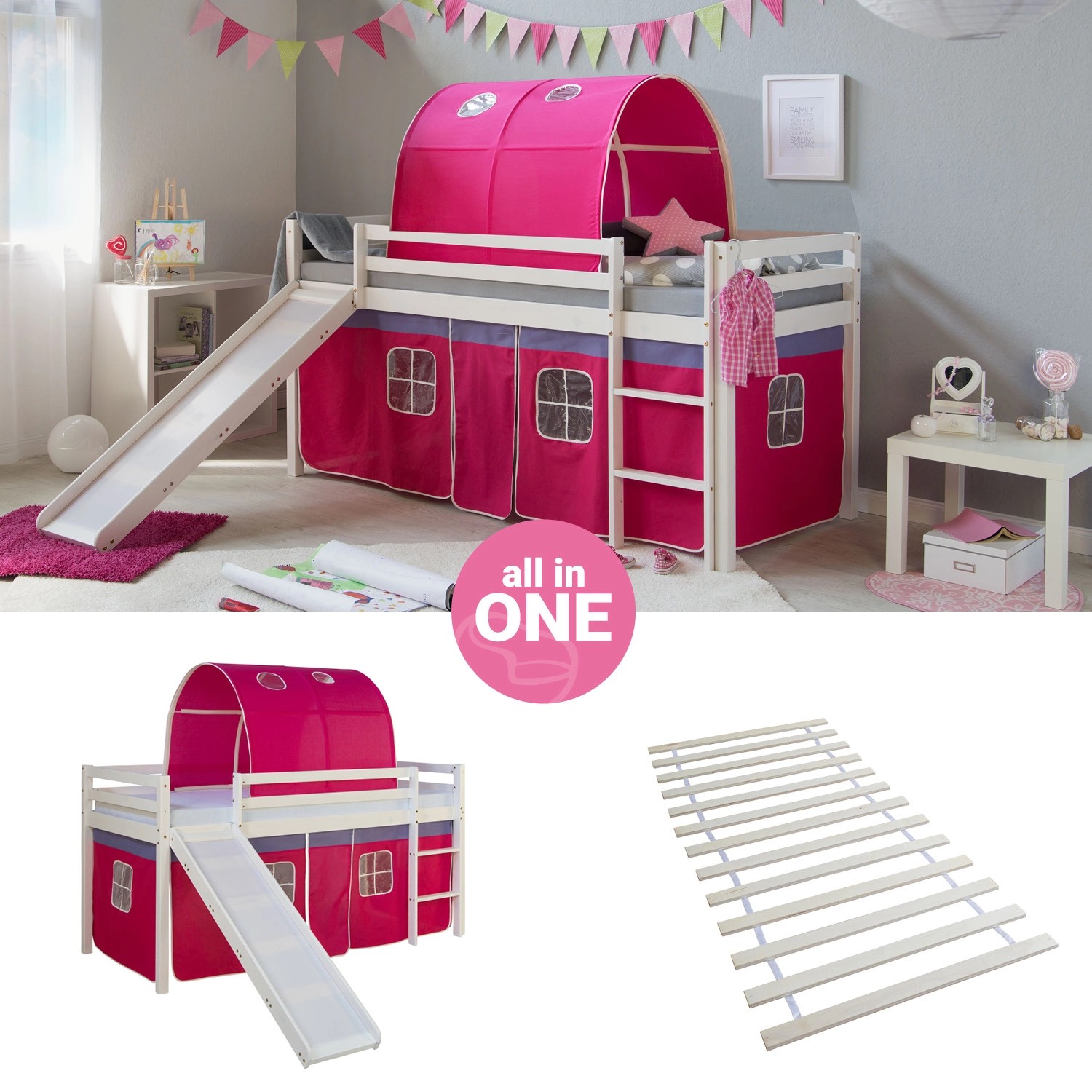 Thumbnail - Homestyle4u Hochbett 90x200 mit Vorhang Lattenrost Rutsche und Tunnel in Weiß 2578