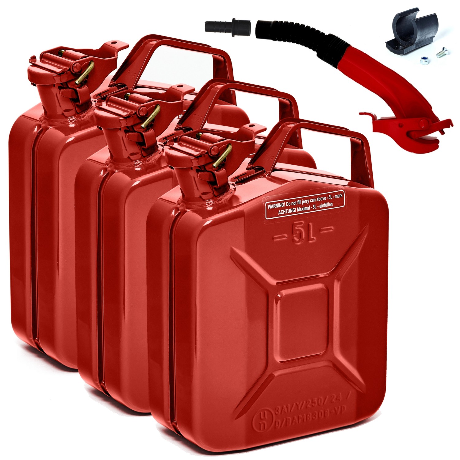 BW Kraftstoffkanister Metall Benzinkanister 3x 5 Liter mit Ausgießer Rot RAL 3000 TÜV-geprüft und UN-Zulassung Made in E...