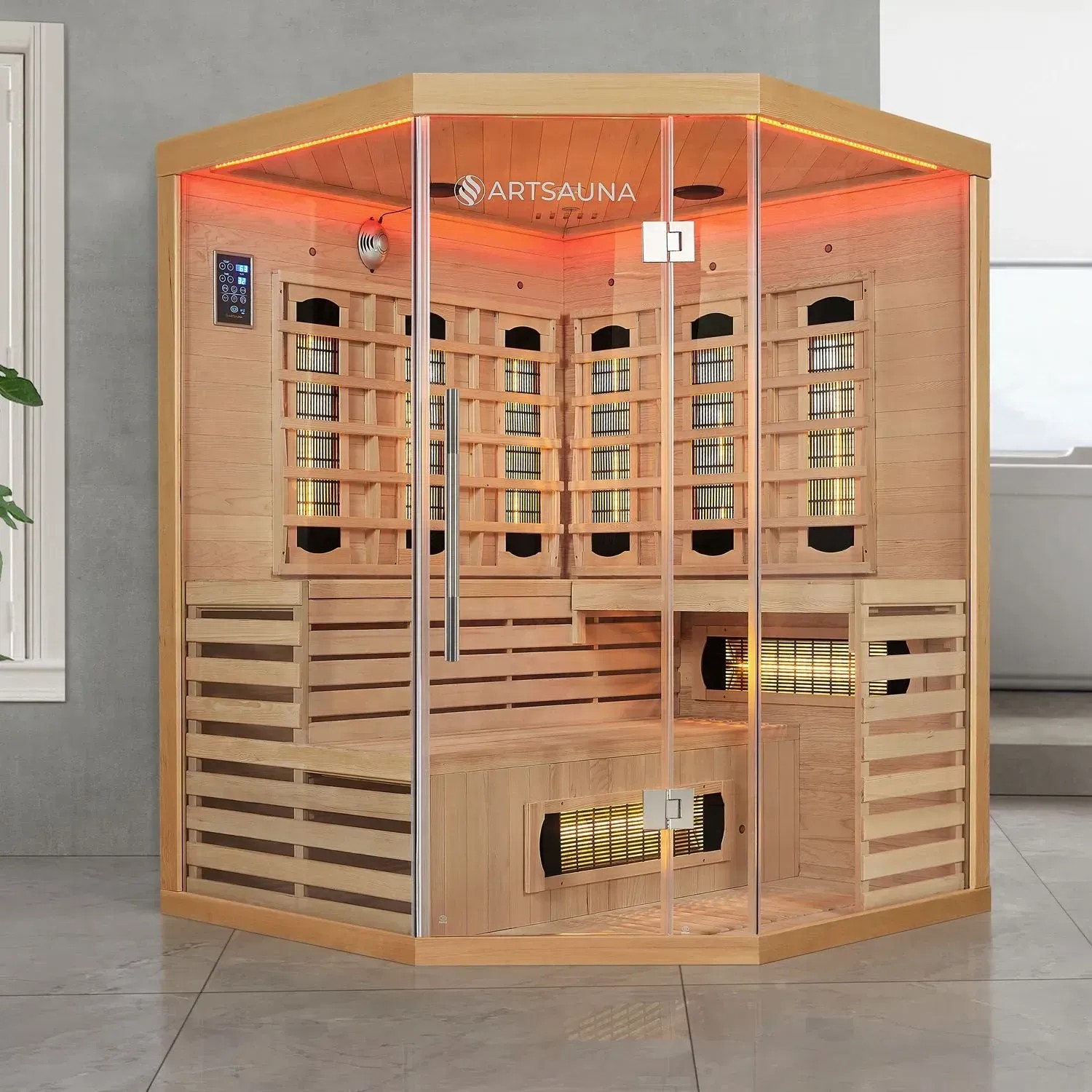 Artsauna Infrarotkabine Kiruna150 aus Hemlockholz mit Dual Technologie und LED-Beleuchtung.