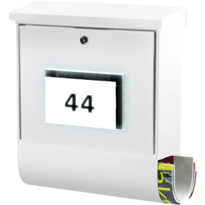 Weißes Burg Wächter Solar-Briefkasten-Set Malaga 4400 mit LED-Hausnummernbeleuchtung und Zeitungsbox.