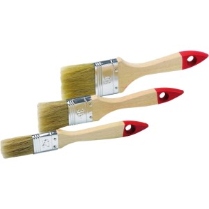 Drei Flachpinsel (25, 35, 50 mm) mit Holzstiel und hellen Borsten für präzise Malerarbeiten im Heimwerker-Set.