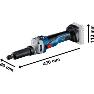 Bosch Professional Akku-Geradschleifer GGS 18V-10 SLC Solo, blaue Schleifmaschine mit Abmessungen.