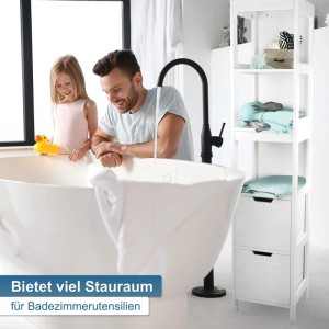 Weißer osoltus Badschrank Hampton, 144 cm hoch, aus Holzwerkstoff, mit offenen Fächern und Schubladen, im Bad.