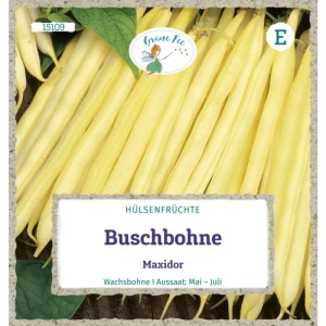 Grüne Fee Buschbohne Maxidor Saatgut. Samenpackung mit leuchtend gelben Bohnenhülsen. Gemüsesamen.