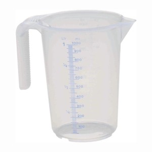 Transparenter Max4car Messbecher 1 L aus PP mit blauer Skala und Griff für präzises Abmessen.