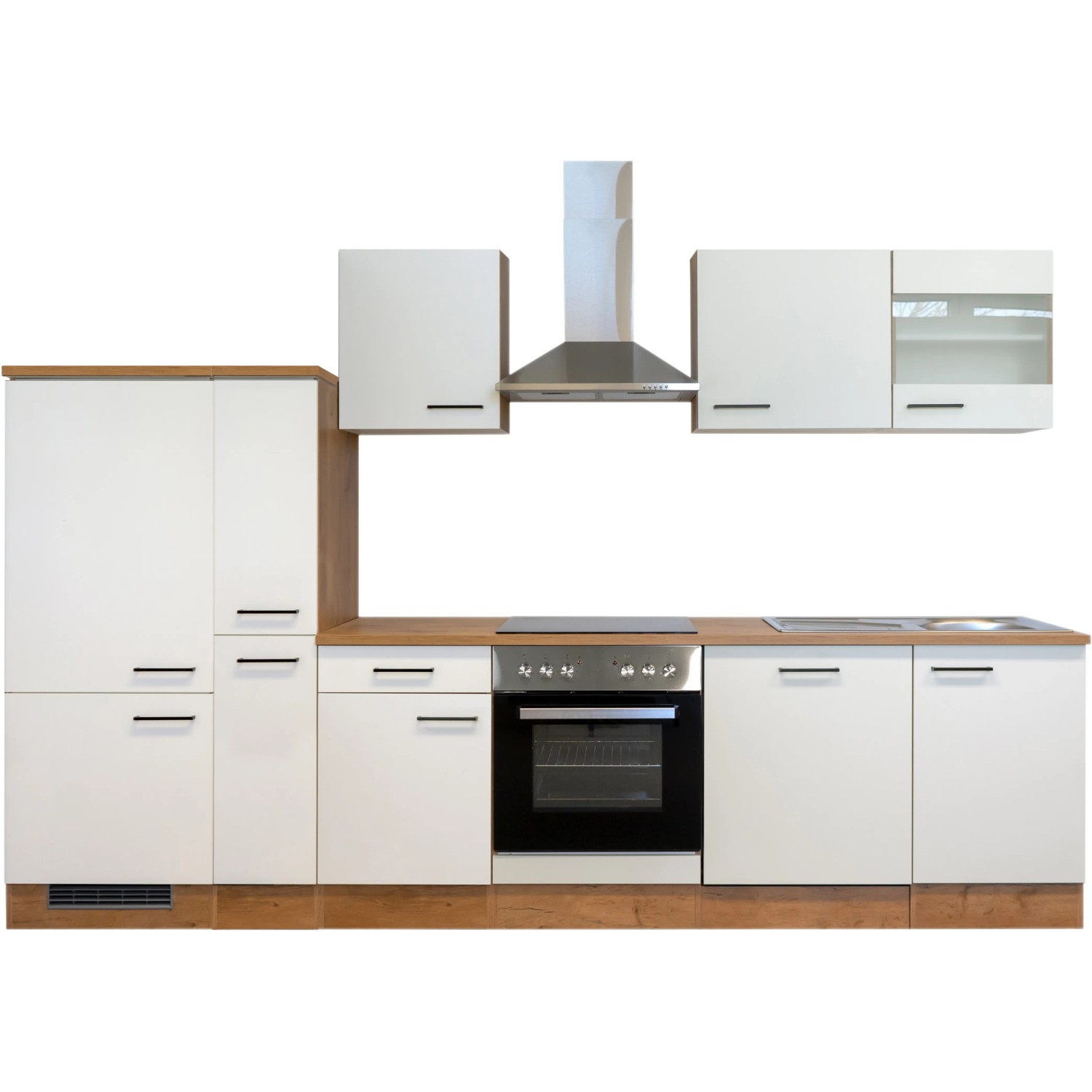 Flex-Well Küchenzeile Vintea 310 cm in Magnolia/Lancelot Oak mit E-Geräten.