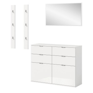 4-teiliges Garderoben-Set in Weiß Hochglanz: Spiegel, Kommode mit Schubladen und Paneele mit Haken.