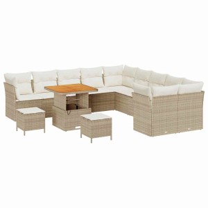 Beiges 13-teiliges vidaXL Garten-Sofa-Set aus Poly Rattan mit Tisch und Hockern.