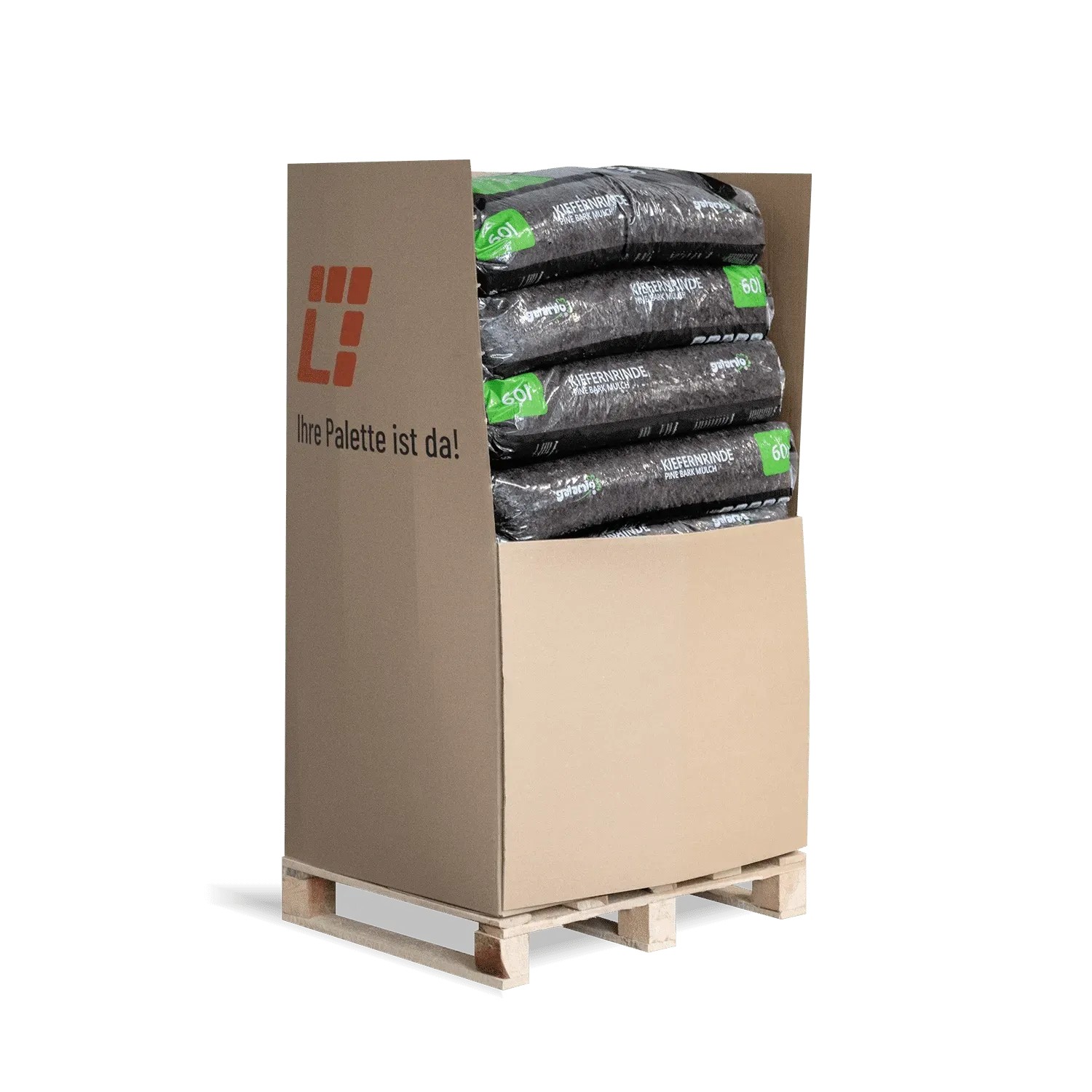 Palette mit 13 Säcken Galamio Kiefernrinde Fein, 60l Säcke, Rindenmulch.