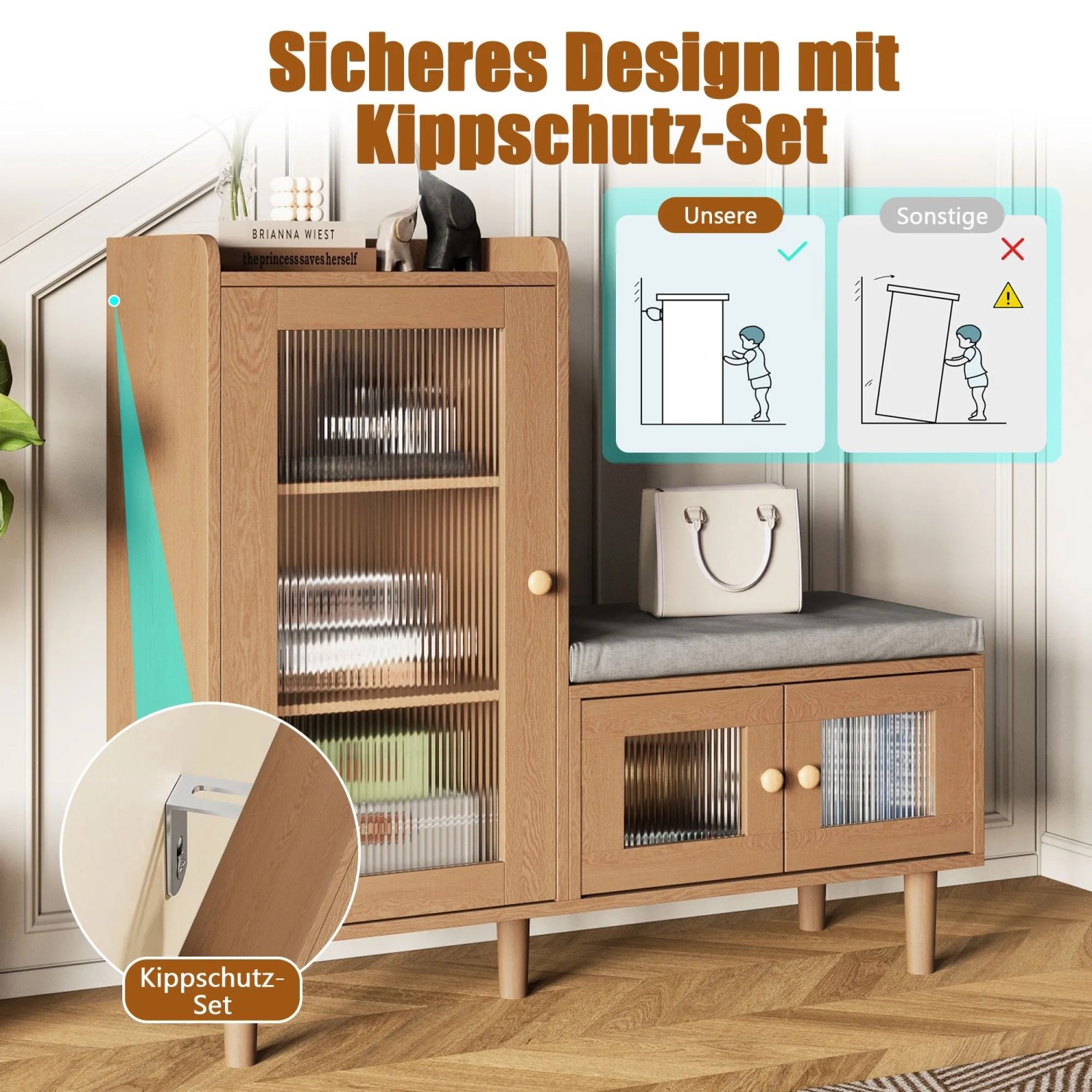 Schuhschrank mit Sitzbank in Holzoptik, geriffelten Glastüren und Kippschutz. Ideal für Flur und Garderobe.