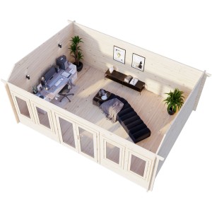 Innenansicht Palmako Gartenhaus Claudia Pent, 530x380 cm, hellbraun, mit Fenster und Einrichtung.