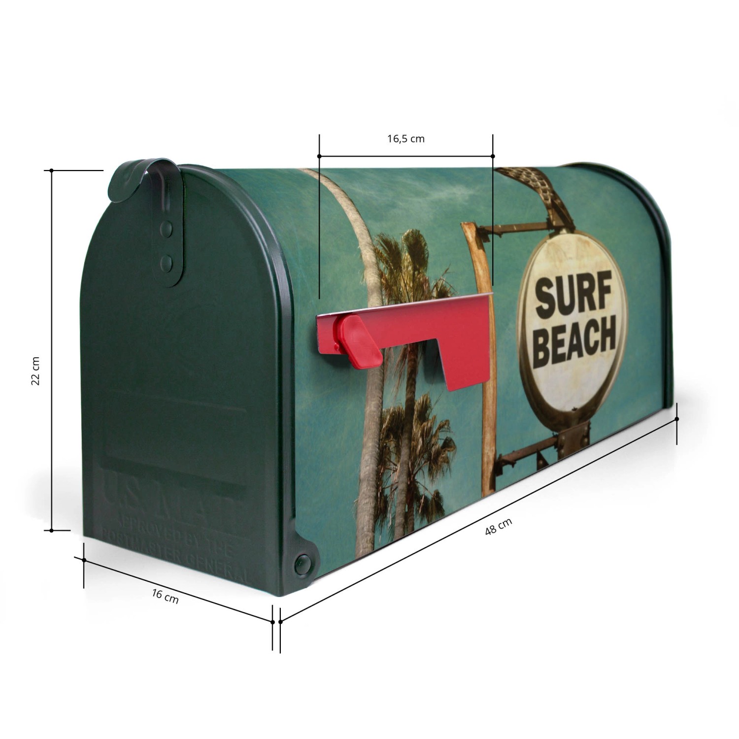Grüner US Briefkasten mit Surf Beach Motiv, Stahl, 48x22x16cm. Amerikanischer Postkasten für Wand- oder Standmontage.