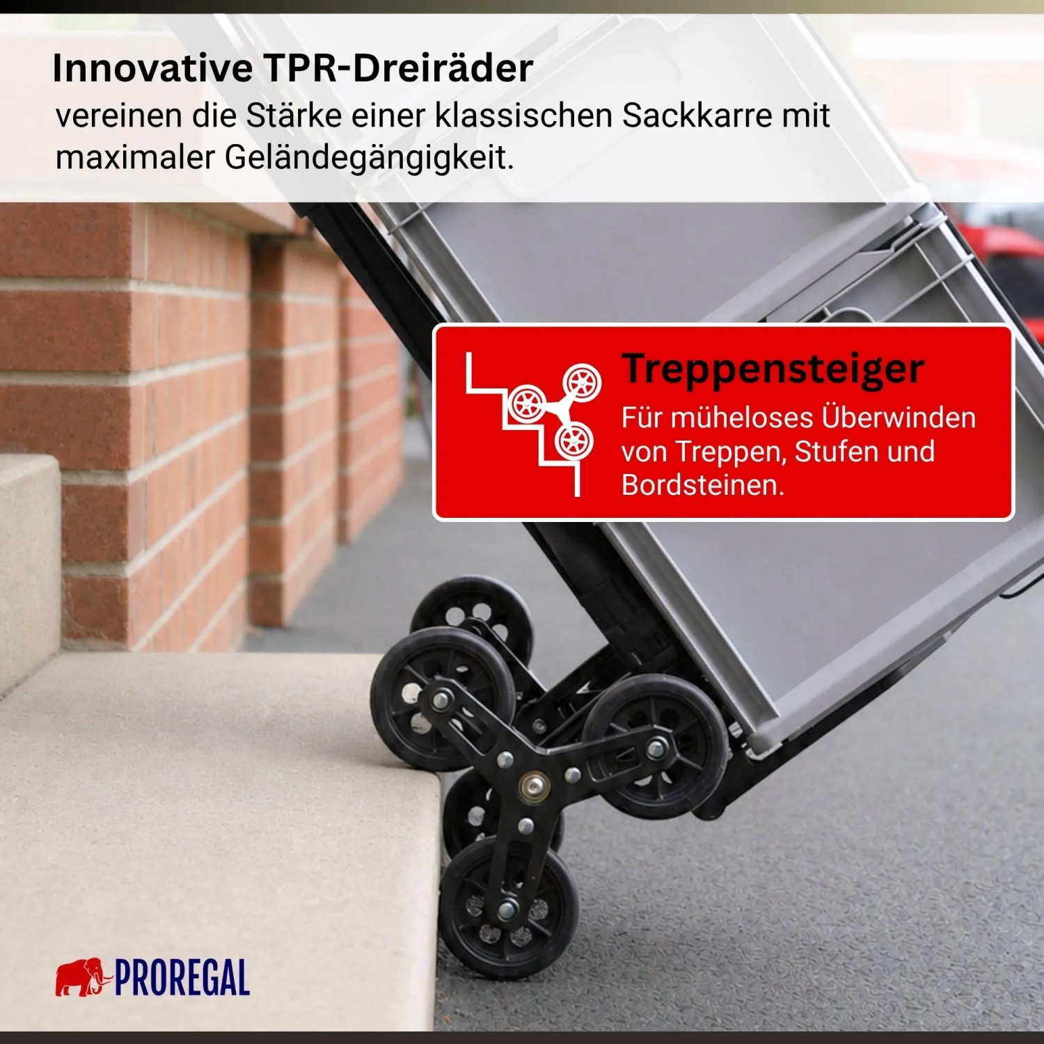 PROREGAL Treppensackkarre ELEPHANT mit innovativen TPR-Dreirädern überwindet mühelos eine Stufe. Schwarz, klappbar, 80kg.