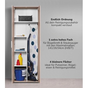 Brauner mokebo Besenschrank mit Putzmitteln, Staubsauger und Bügelbrett. Ideal als Büroschrank oder Mehrzweckschrank.