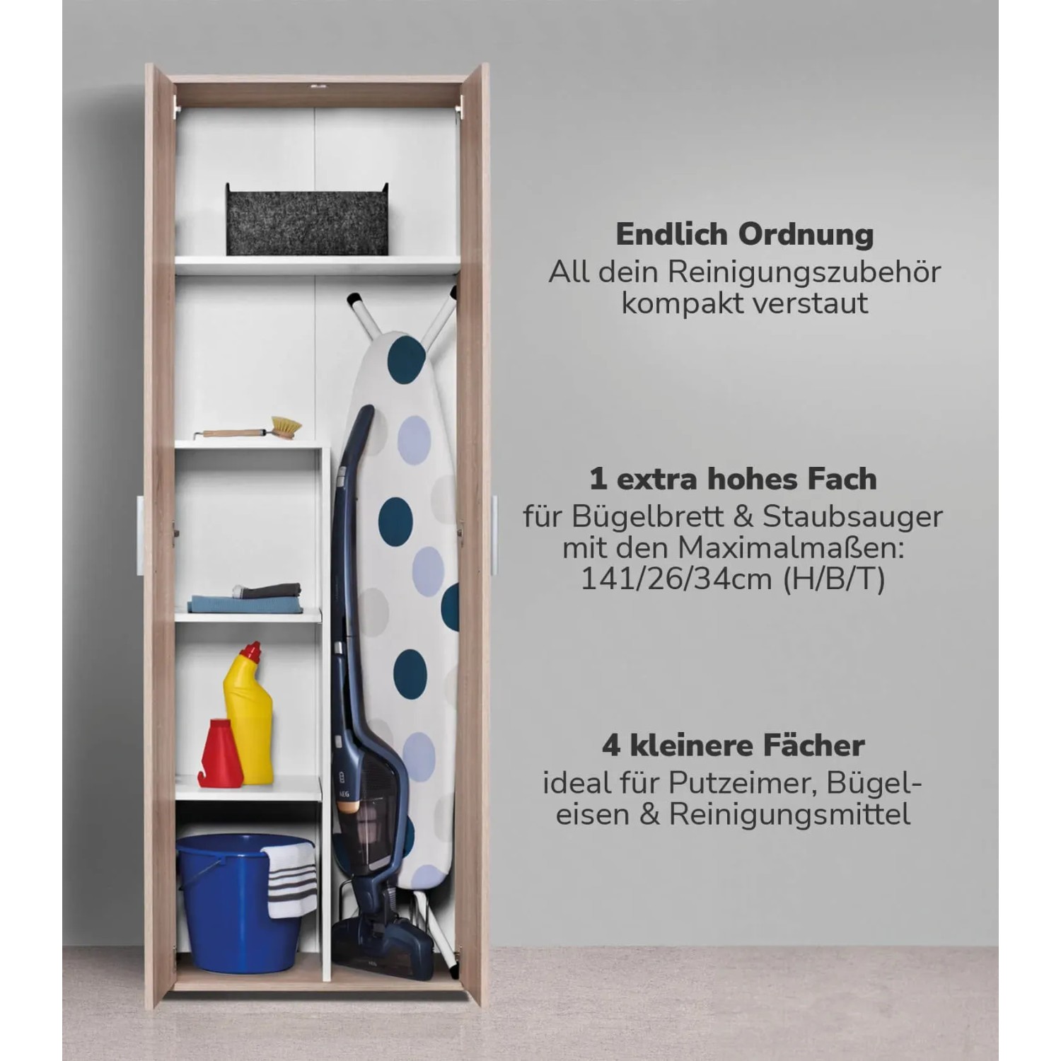 Brauner mokebo Besenschrank mit Putzmitteln, Staubsauger und Bügelbrett. Ideal als Büroschrank oder Mehrzweckschrank.