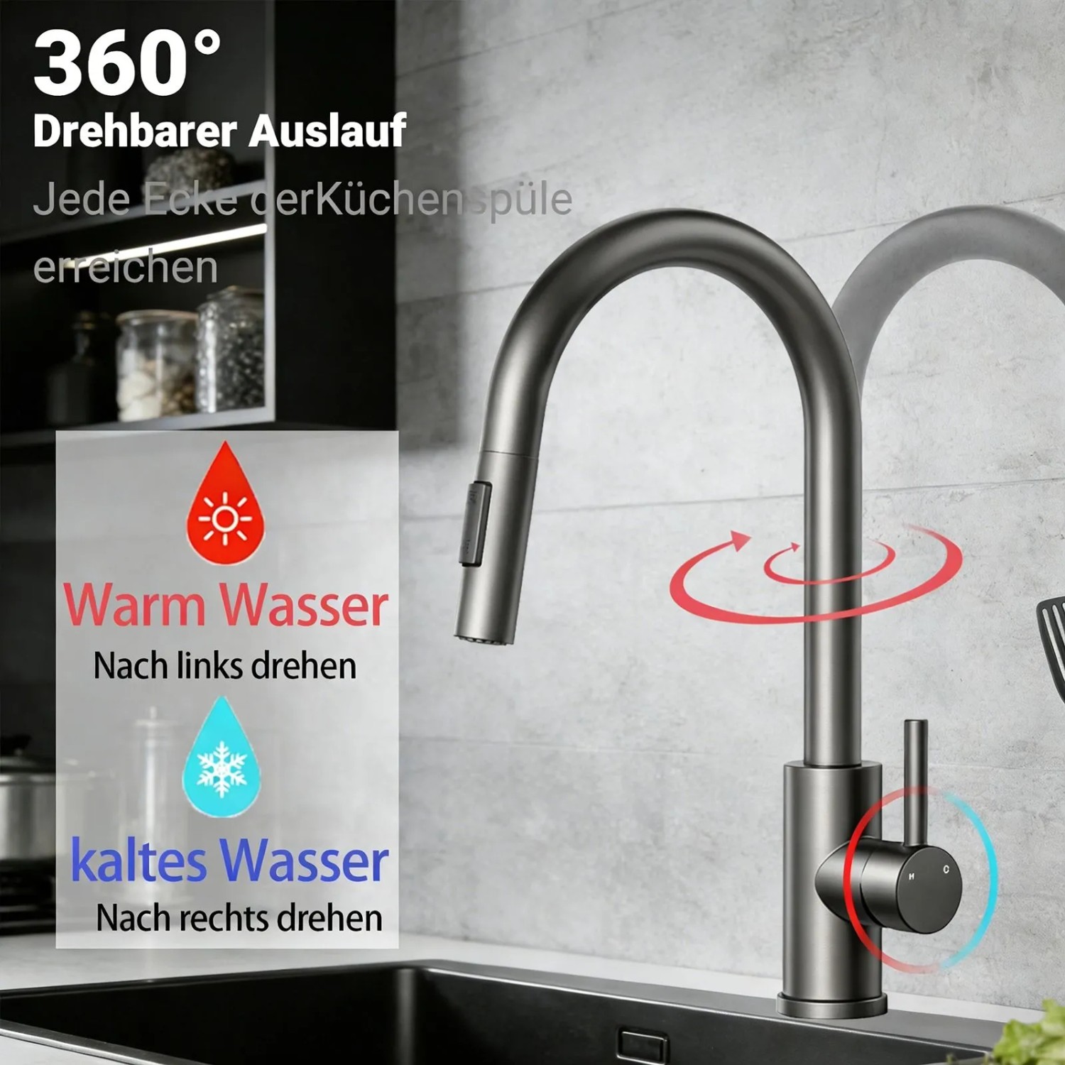 AICA Küchenarmatur, Metallic Grau, ausziehbar und 360° drehbar.