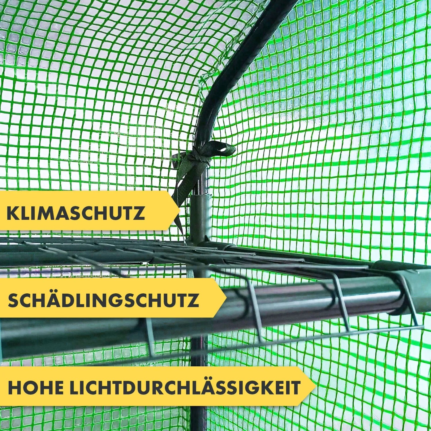 Detailaufnahme Foliengewächshaus Harrest mit Metallablagegittern. Gewächshaus für Pflanzen.