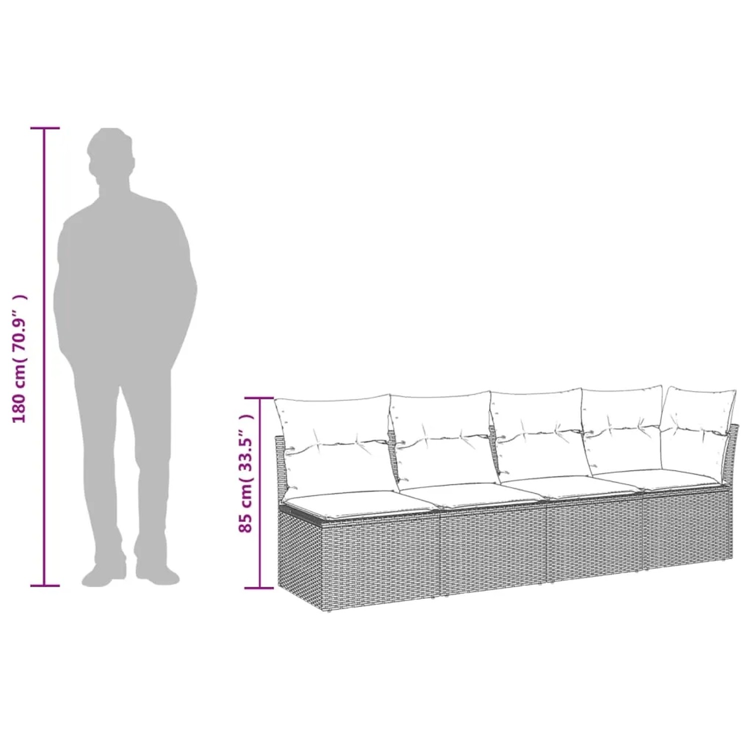 Graue 8-tlg. vidaXL Garten-Sofagarnitur aus Polyrattan mit Kissen, Maße werden angezeigt.