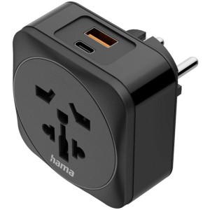 Schwarzer Hama Reiseadapter Typ E/F mit USB-C und USB-A Anschlüssen, 3-polig für Europa.