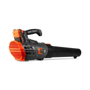 FUXTEC 20V Akku Laubbläser FX-E1LB20 in Dunkelgrau mit orangefarbenen Akzenten und eingesetztem Akku.