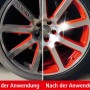 Felge vor und nach der Reinigung mit Dr. Wack P21S Felgenreiniger Power Gel. Autopflege für glänzende Felgen.