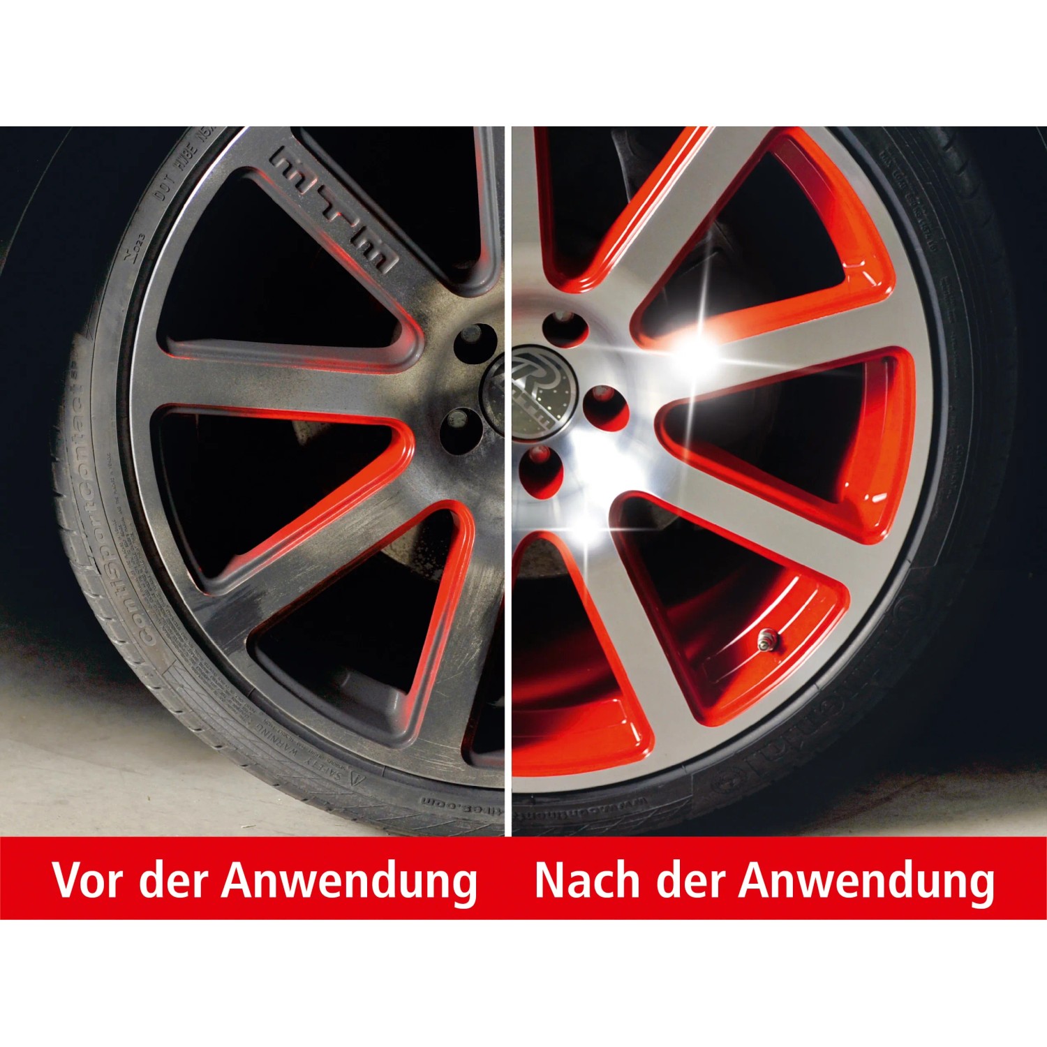 Felge vor und nach der Reinigung mit Dr. Wack P21S Felgenreiniger Power Gel. Autopflege für glänzende Felgen.