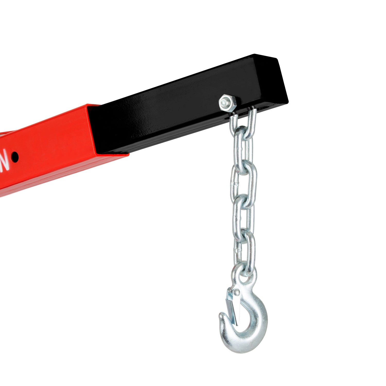 Detailaufnahme: Kette mit Haken am EBERTH Motorkran, verstellbarer Ausleger.