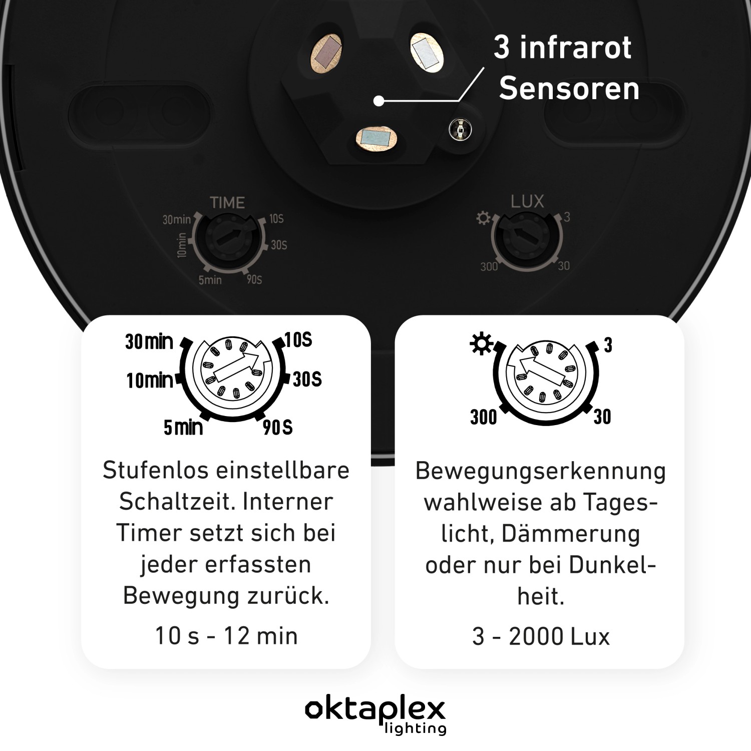 Detailaufnahme Oktaplex Pia Präsenzmelder: Einstellungen für Zeit, Dämmerung und 3 Infrarotsensoren.