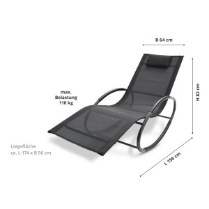 Schwarze Leco Schaukelliege Mila mit Kopfkissen, ergonomisch geformte Sonnenliege für Garten und Terrasse.