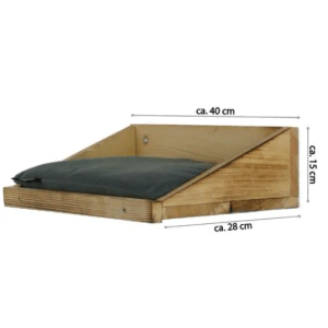 Geflammte Wandmulde mit grauem Samtkissen für Katzen, platzsparend und stilvoll.