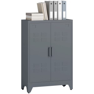 Grauer HOMCOM Metall Aktenschrank (75x33x110cm) mit Lamellentüren und Büchern/Ordnern obenauf.